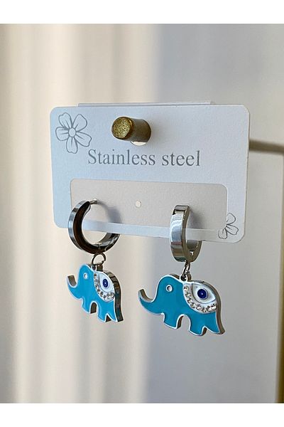 Çelik Evil Eye Bead Elephant Motif Steel Earrings