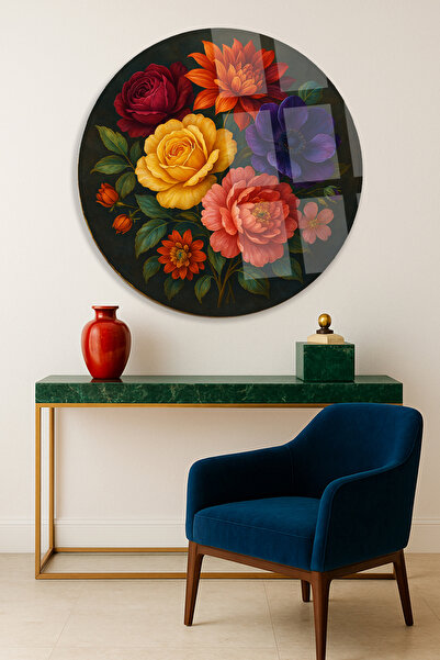 TAULART FLORI STRĂLUCITOARE MINUNATE TABĂRĂ ROTUNDĂ DE STICLA INELATĂ CADOU D...