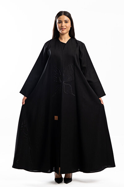 Hasnaa Abaya عباية بتطريز فراشه مع كرستال أسود على الأمام