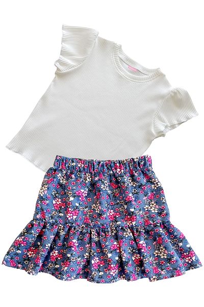 MODA59 Girl's Skirt Suit, Skirt T-Shirt Suit, Floral Skirt Twill Ecru T-Shirt