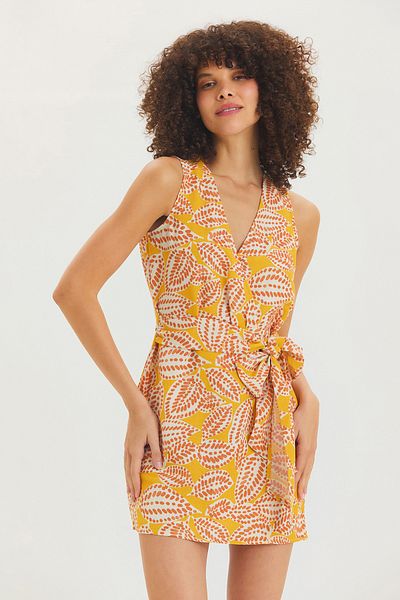 Clandestino Patterned V-Neck Front Tie Mini Dress Yellow
