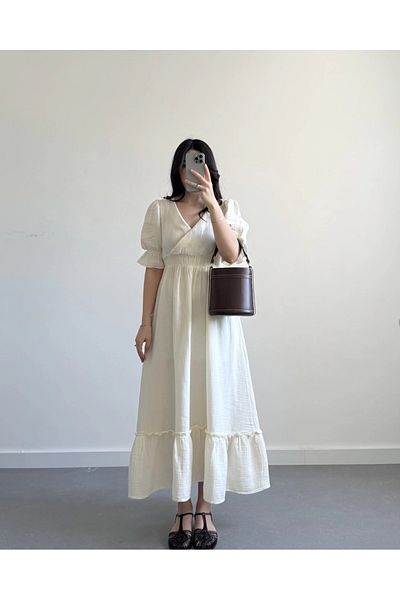 Lusin Γυναικείο μπεζ μπλε φόρεμα με λαιμόκοψη V με ελαστική μέση με κοντό μανίκι από ύφασμα μουσελίνας