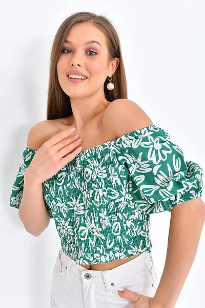 Park Karon Bluză crop cu mâneci balon cu model floral pentru femei