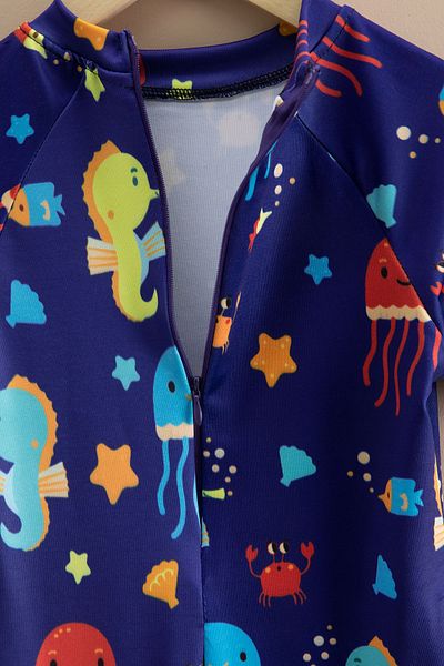 Cansın Mini Navy Blue Animal Printed Boy's Short Sleeve Swimsuit 21132