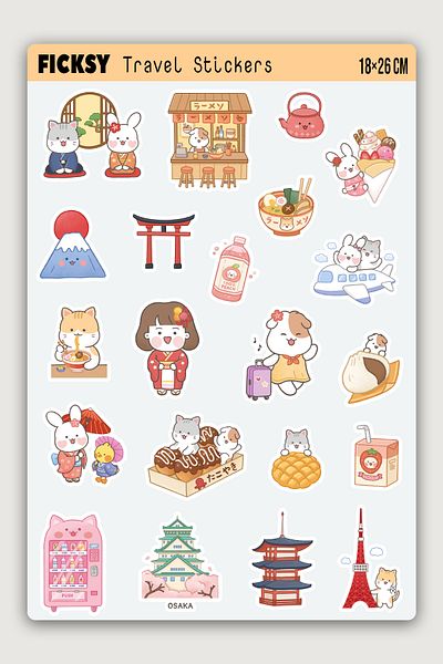 Ficksy Kawaii Cute Animals Japan Korea Travel Themed Sticker Set - 46 Pieces Travel Sticker Stickers