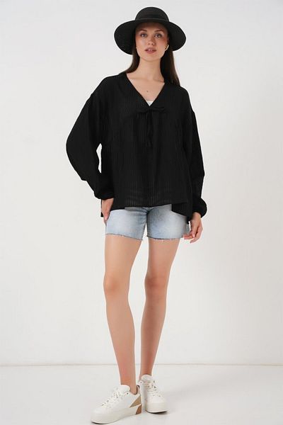 MRA Fashion Front Lace-Up Long Sleeve Blouse 946 - Black