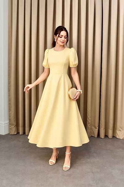mafdress Women's Yellow Crepe Fabric Watermelon Sleeve Evening Dress