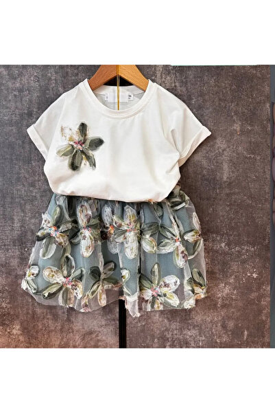 TAYFUN Barbosa Lily Detailed Crew Neck Short Sleeve Tshirt and Skirt for Eid, Special Day Suit