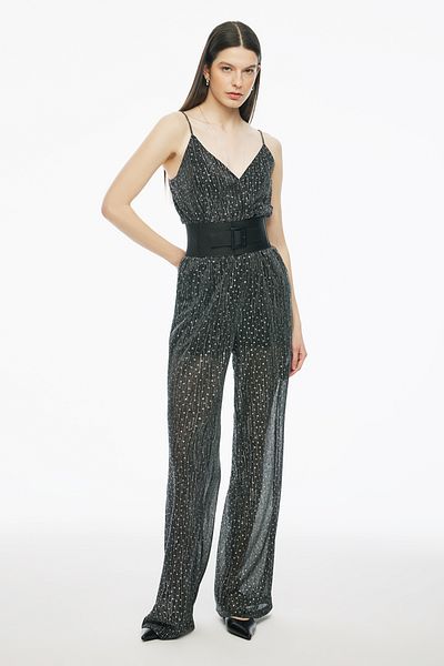 Perspective Lucky Long Length Strap Wide Leg Black Color Jumpsuit