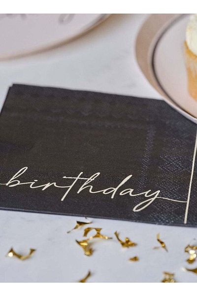 Ginger Ray Nude & Black Happy Birthday Napkins - Chic Party Tableware