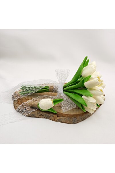 Kanguroom Beyaz Islak Lale Gelin Buketi Yaka Çiçeği 15 adet