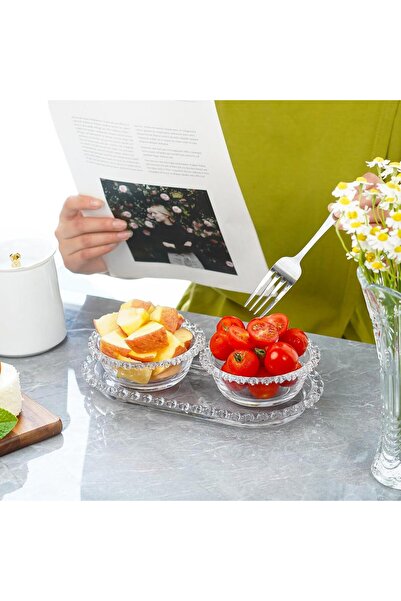 ALBETTO Bead Heart 3 Piece Glass Bowl Set, Breakfast Bowl with Tray, Snack Bowl