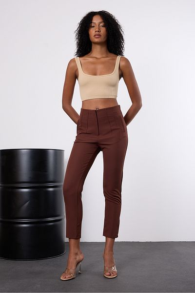 Bolivente Brown High Waist Narrow Leg Woven Trousers