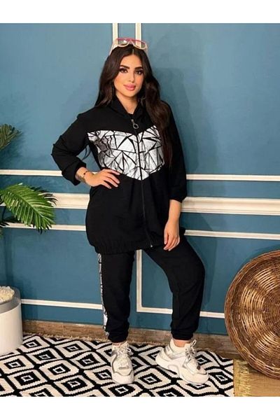 SWAN.AE Set, Geometric Print, Zipper Jacket with Pockets, Capuche, Pants, Crepe, Casual