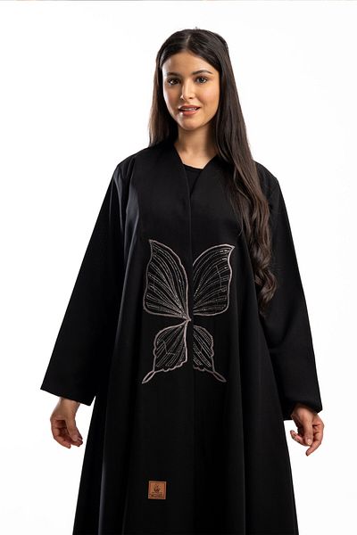 Hasnaa Abaya Abaya with gray butterfly embroidery on the front