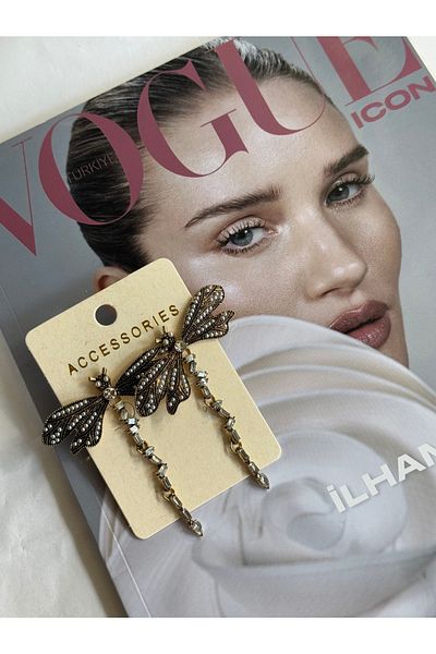 shop Brand Shiny Stone Gold Dragonfly Earrings (Artificial Pearl Plate)