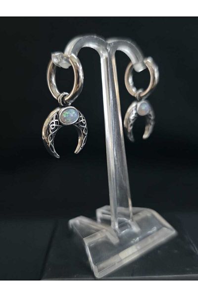 sarıyer silver Viking Design Authentic Vintage Style Traditional Motif Natural Stone Embroidered Steel Hoop Earrings