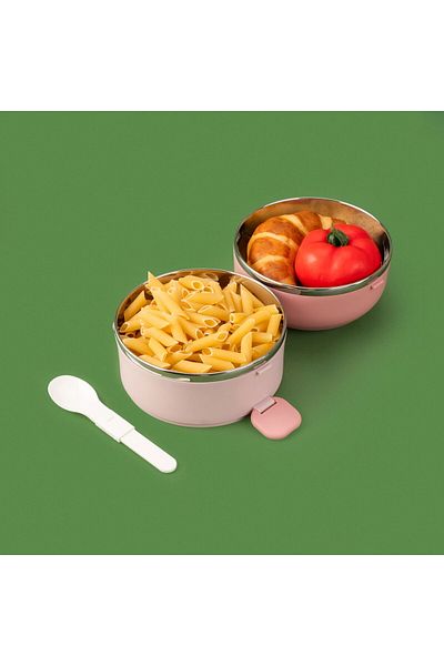 ASPARTAM Round 2 Layer Food Container with Fork and Spoon - Pink - 850 ml