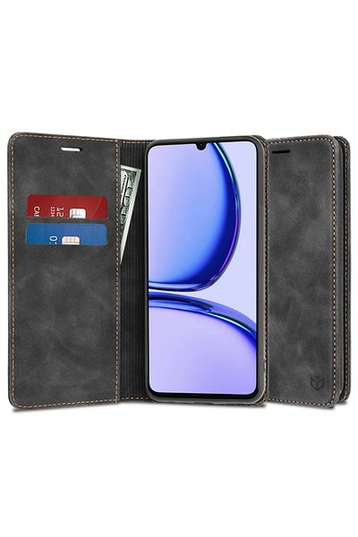 SKYDDAR INNOVATION Husă pentru Realme C53, portofel moale, tip carte, piele ecologică premium, neagră, set autocolante