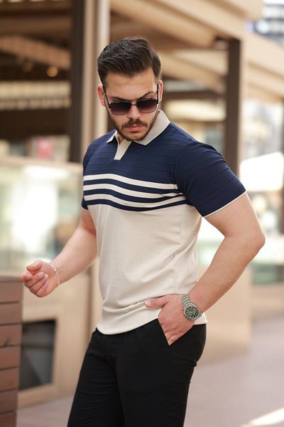 Kokosh moda Men's Line Patterned Collared Short Sleeve T-Shirt