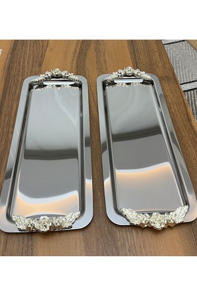 SEVA ÇELİK 2 Rectangular Silver Handle Steel Service and Presentation Tray Luxury