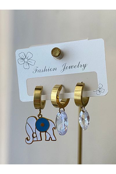 Çelik 3-Piece Evil Eye Bead Elephant Motif Steel Earrings