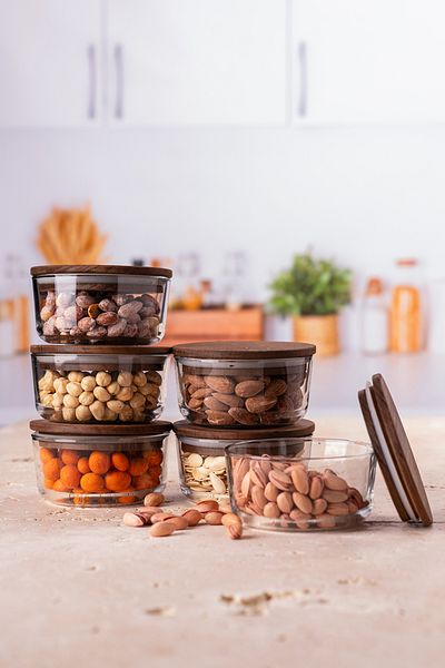 KRM HOME 6 Pieces 12 cm Wooden Lid Vacuum Glass Storage Container Glass Breakfast Set of 6 Round Storage Set