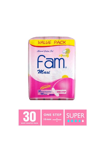 FAM فوط صحية ماكسي سميكة بملمس قطني من وان ستيب، 30 قطعة - بدون أجنحة، مقاس كبير