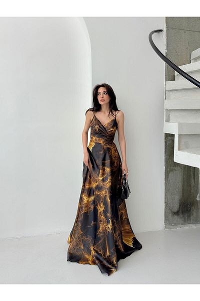 Serica Moda Black Patterned Strap Lined Organza Evening Dress