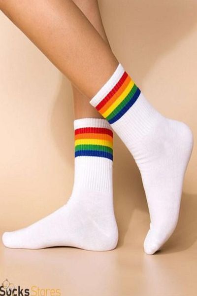 Esinti 5 Pairs Men Women Socks Rainbow Patterned White Socket Socks Unisex Colorful Striped Tennis Sports Socks