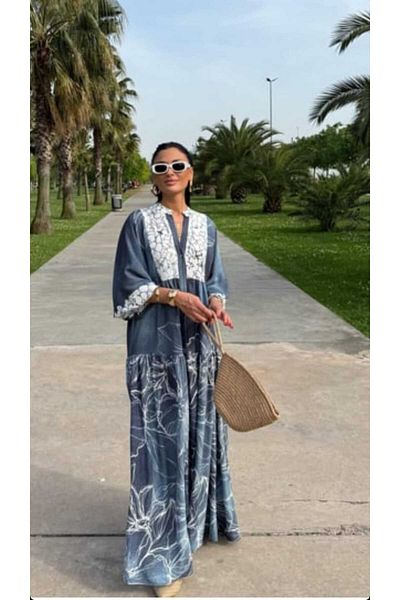 QUAWEAR V-Neck Floral Pattern Viscose Fabric Full Length Dress