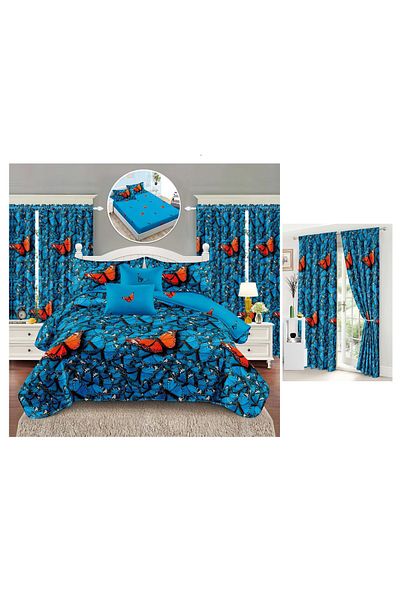 CHIRASO CHIRASO Finet Bedding Set, 8 Pieces with 2 Curtains, Fitted Sheet 180x200, Duvet Cover 200x230, 4 Pillowcases