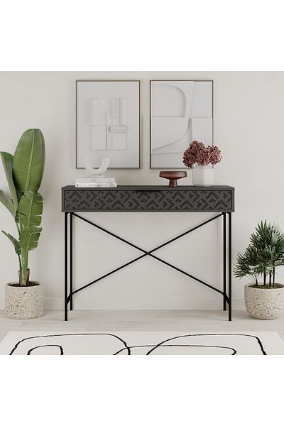 Mourah Home Heaton Console Remastered - Decorative Drawer, Slim Black Metal Frame, Modern Entryway Storage