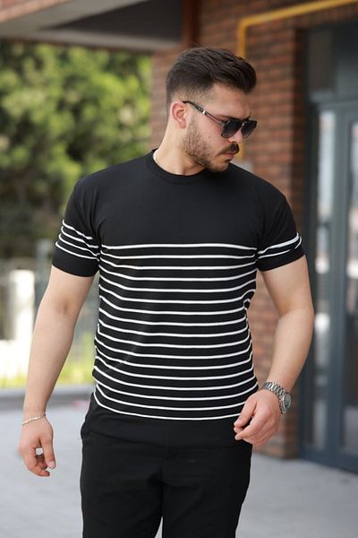 modaserdem Men's Line Patterned Crew Neck Short Sleeve T-Shirt