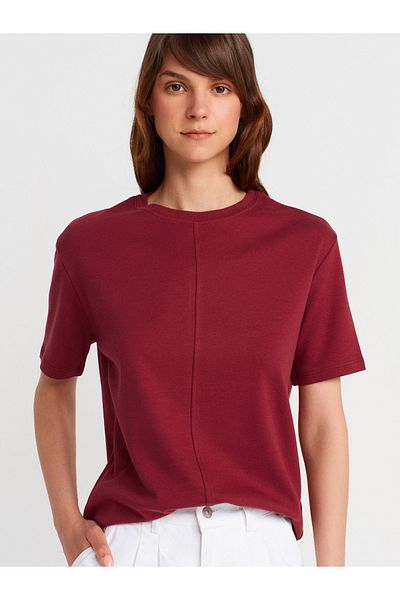 Dilvin 31218 Stitch Detailed T-Shirt-Light Claret Red