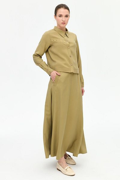 Esswaap Linen Gather Detailed Skirt Suit Khaki