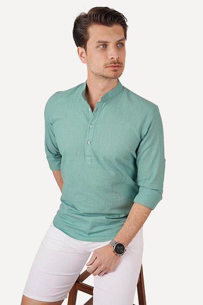 Etikmen Μέντα πράσινο λινό πουκάμισο Slimfit τριών κουμπιών με κουτί δώρου