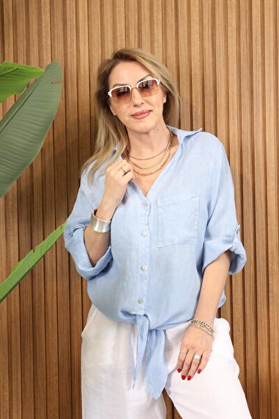 MİSLİNA BUTİK Imported Linen Lace Detail Tie-Up Baby Blue Shirt