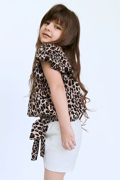 Parla Kids Girl Viscose Leopard Madonna Collar Bandana Top and Bottom Set with Shorts