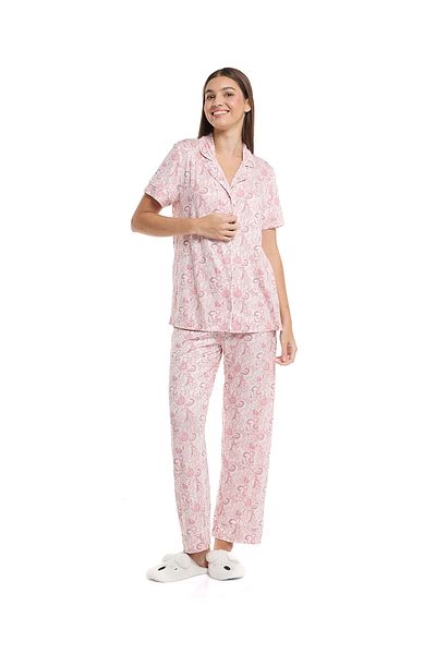 R&B Pink Printed Lapel Collar Pyjama Set