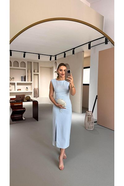 Sezgi Tekin Waist Draped Slit Detail Pastel Blue Midi Dress