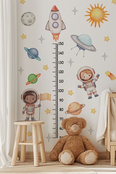 MSticker Astronauți, spațiu și planete tematică, set de autocolante pentru riglă de înălțime pentru copii