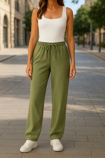 Montland Women's Light Khaki Linen Trousers – High Waist – Comfortable Fit, Casual Stylish Choice