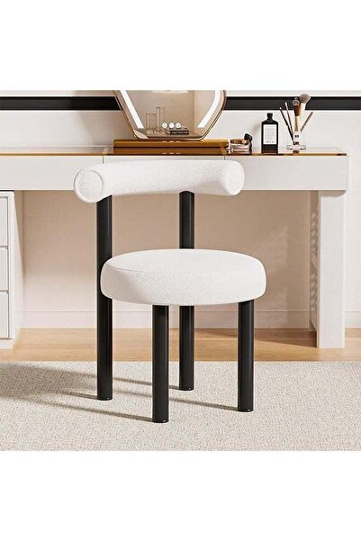 Generic Dining Chair, Makeup Boucle Chair Modern Vanity With Comfy Back & Washable Covers White