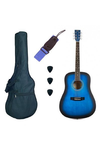 SX SD104BUS Basic 1, sunburst blue matte acoustic guitar set, gig bag, strap, 3 picks