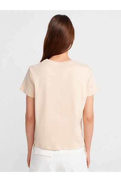 Dilvin 31757 Crew Neck T-Shirt with Stitching Detail-Stone