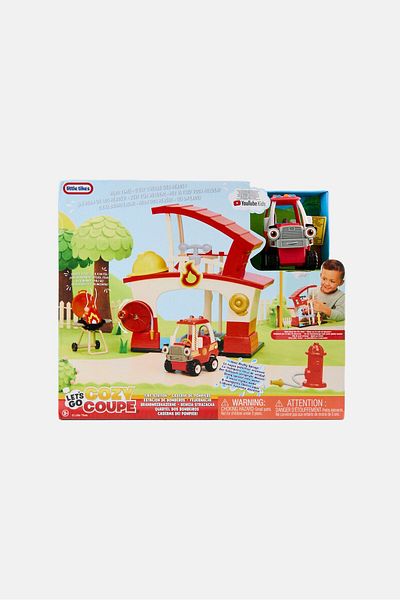 Little Tikes Lets Go Cozy Coupe Fire Station Playset with Fire Truck Mini Push and Play Vehicle