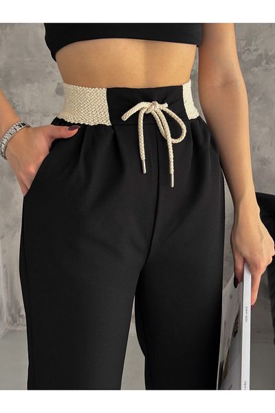KAŞİHA Women's Carrot Linen Pants with Waist Detail