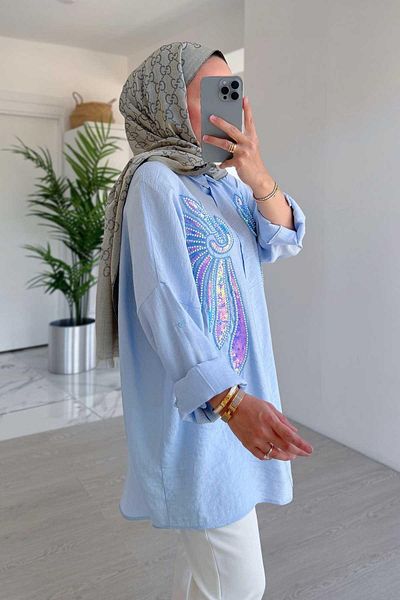 Ka Hijab Cămașă cu paiete Doha - Albastru