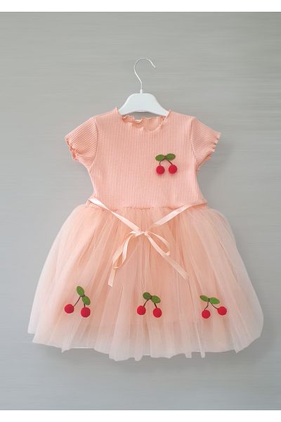 Şirin Şeyler Butiği Lulu Cherry Manecă Scurtă Fetiță Copil Cireșe Tutu Pufos Rochie Printesa Stretchy Lycra Somon